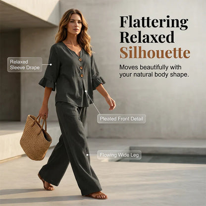 Luminara | Elegant Ruffle Sleeve Top with Wide-Leg Pants