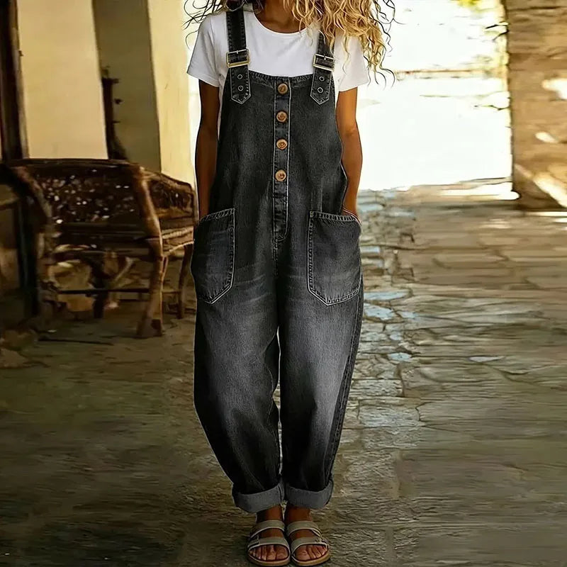 Florence | Vintage Soft Cotton Denim Adjustable-Strap Wide-Leg Jumpsuit