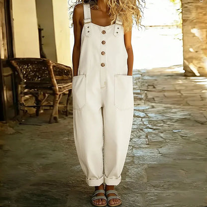Florence | Vintage Soft Cotton Denim Adjustable-Strap Wide-Leg Jumpsuit