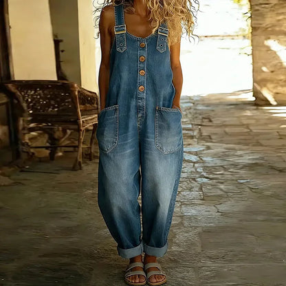 Florence | Vintage Soft Cotton Denim Adjustable-Strap Wide-Leg Jumpsuit