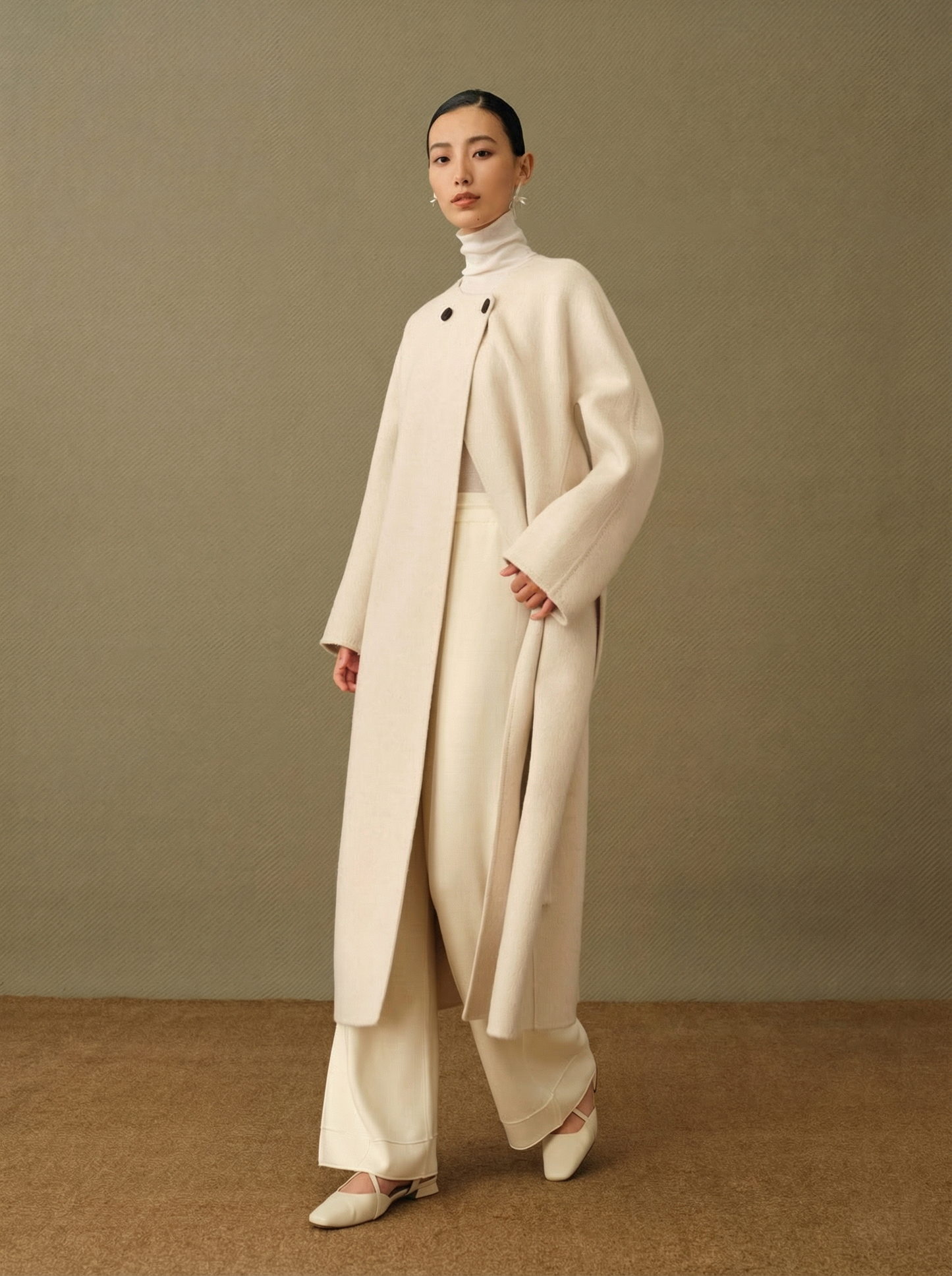 Colette | Detachable Scarf-Collar Wool Coat | Belted Long Coat in Double-Faced Merino & Camel Down