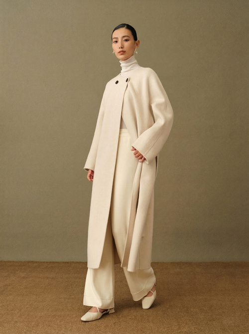 Colette | Detachable Scarf-Collar Wool Coat | Belted Long Coat in Double-Faced Merino & Camel Down