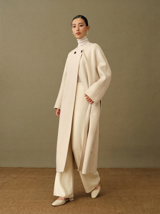 Colette | Detachable Scarf-Collar Wool Coat | Belted Long Coat in Double-Faced Merino & Camel Down