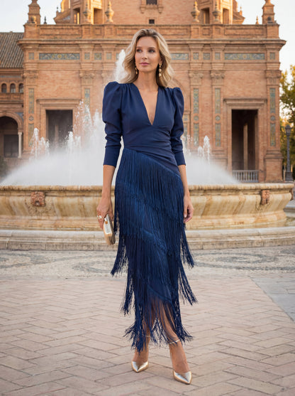 Salvia Elegant Fringe Midi Dress