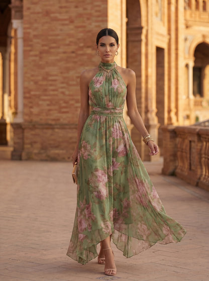 Olivia Halter Neck Cinched Waist Flowy Midi Dress