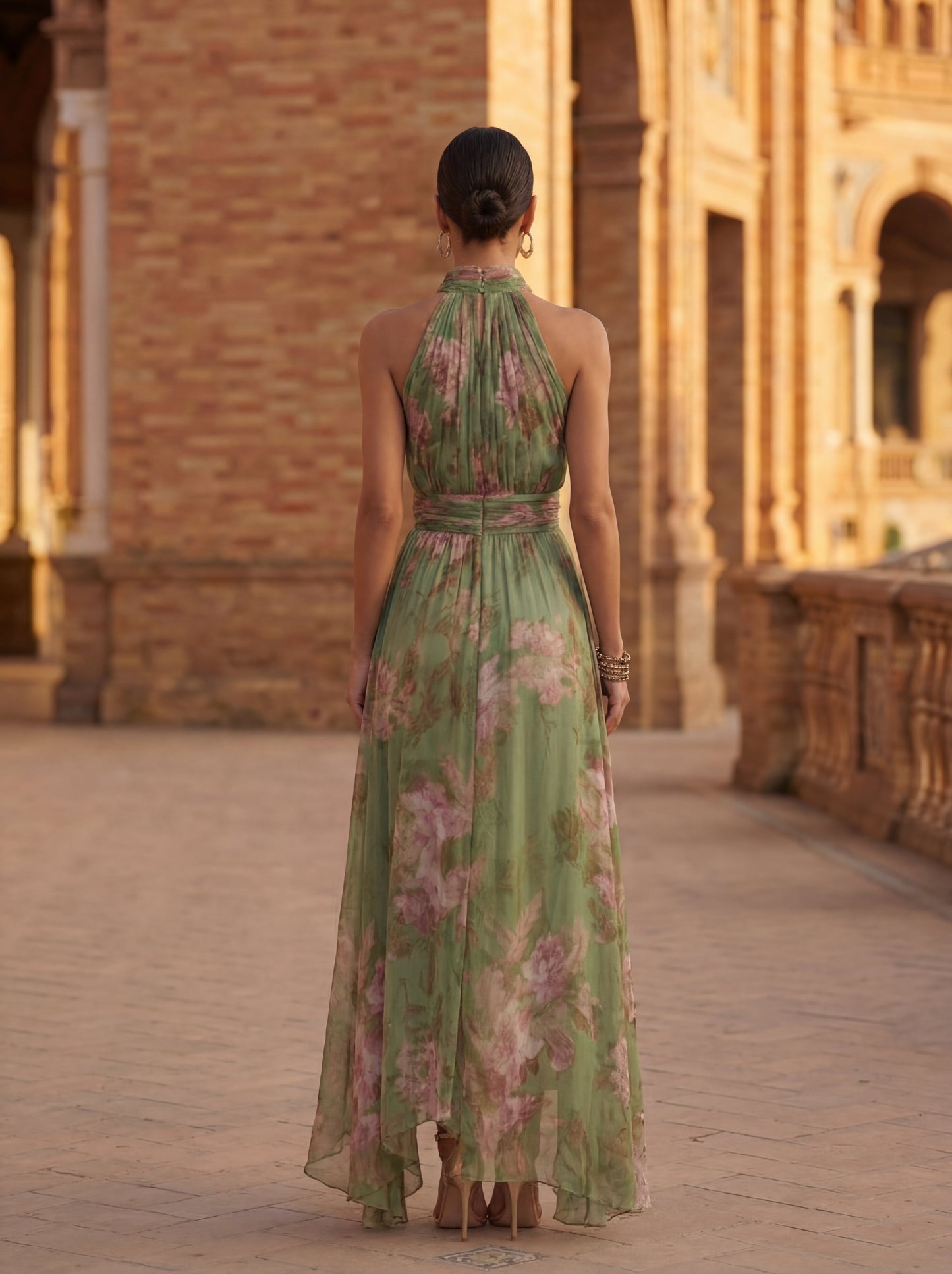 Olivia Halter Neck Cinched Waist Flowy Midi Dress