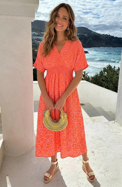 Neon Orange V-Neck Maxi Print Dress - Back
