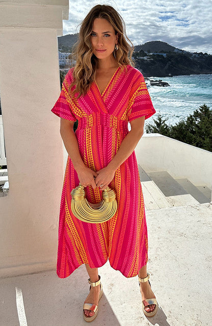 Pink Floral V-Neck Maxi Dress - Full Length