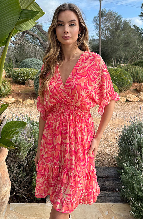 Marrit Coral Print Short Sleeve Midi Dress - Detail