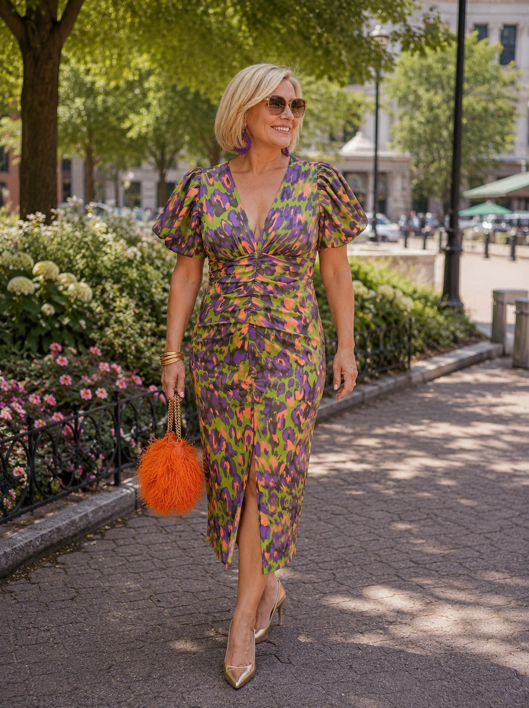 Carla Printed Puff Sleeve V-Neck Midi Dress