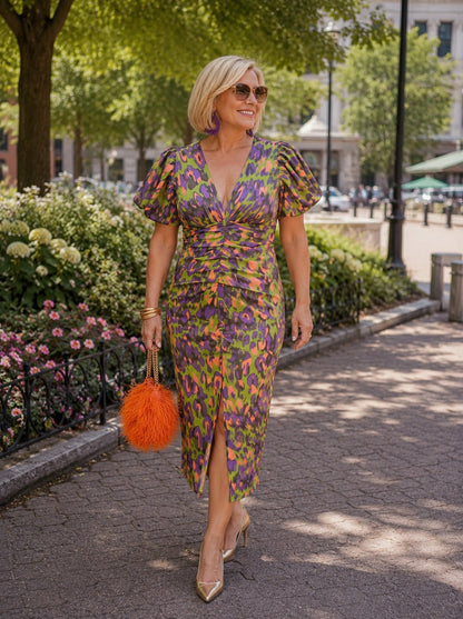 Carla Printed Puff Sleeve V-Neck Midi Dress