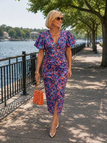 Carla Printed Puff Sleeve V-Neck Midi Dress