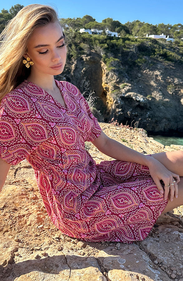 Fenna Red Print Wrap Midi Dress - Back View