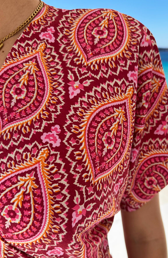 Fenna Red Print Wrap Midi Dress - Style 6