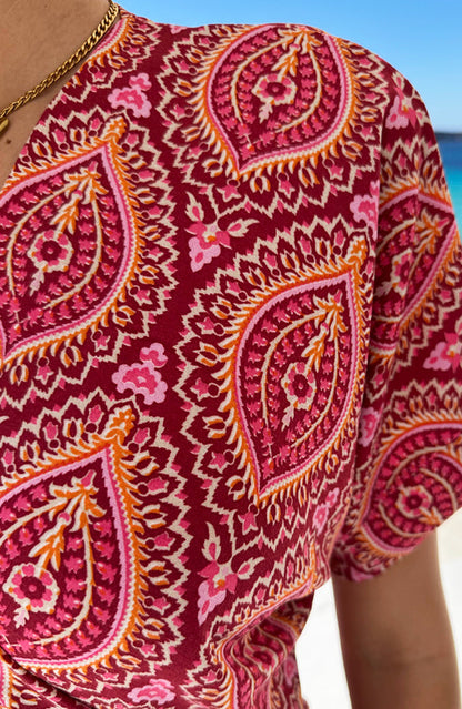 Fenna Red Print Wrap Midi Dress - Style 6