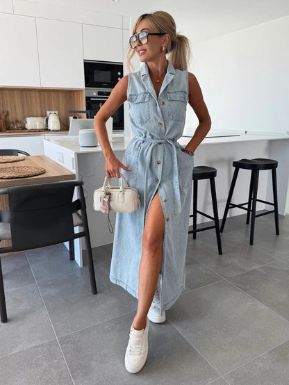 Isabelle Maxi Denim Dress - Light Blue