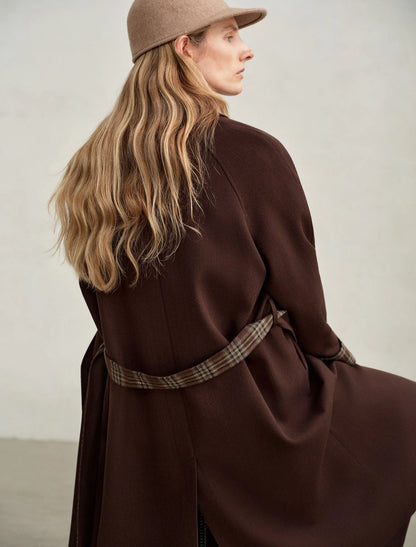 Vivienne | Merino Plaid-Cuff Long Coat | Single-Breasted Coat with Raglan Sleeves & Plaid Turn-Back Cuffs