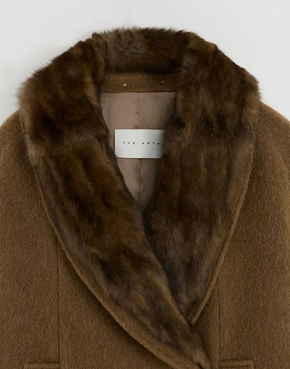 Camille | Alpaca Wool Shawl-Collar Coat | Double-Breasted Belted Short Coat with Detachable Fur Collar