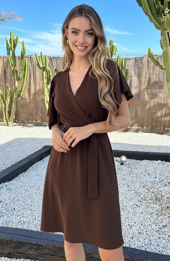 Florence Chocolate Brown V-Neck Midi Dress - Detail View