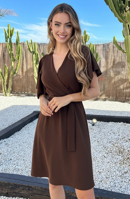 Florence Chocolate Brown V-Neck Midi Dress - Detail View