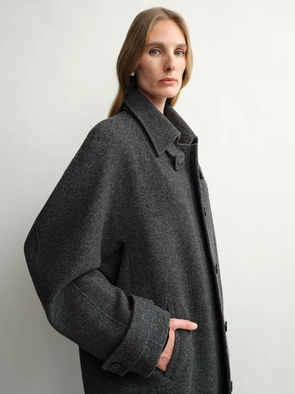 Celeste | Curved Cocoon Wool Coat | British Shetland Wool Long Coat with Raglan Shoulders