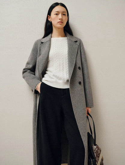 Helena | Heather Grey Overcoat | Belted Double-Breasted Long Coat with Notch Lapels