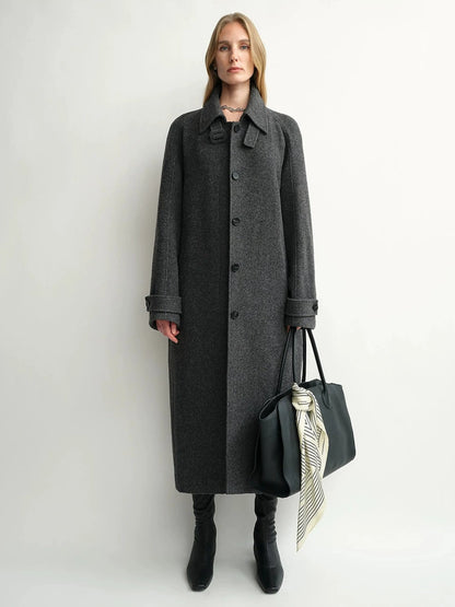 Celeste | Curved Cocoon Wool Coat | British Shetland Wool Long Coat with Raglan Shoulders
