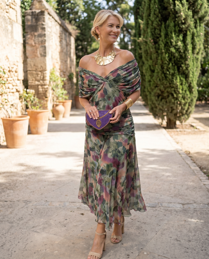 Elegant V-Neck Pleated Waist Party Maxi Dress