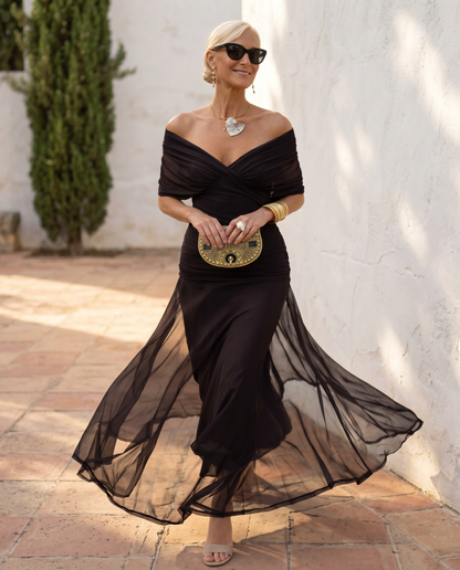 Elegant V-Neck Pleated Waist Party Maxi Dress