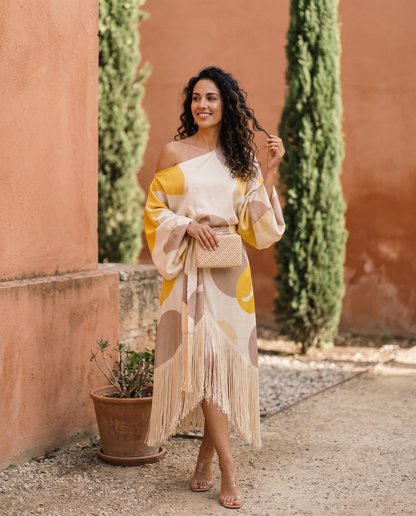 Daniela Yellow Fringe Midi Dress