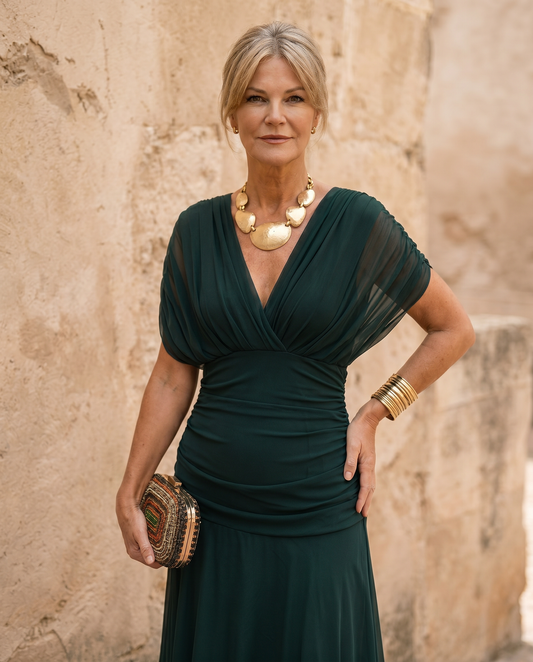 Elegant V-Neck Pleated Waist Party Maxi Dress | Norella Boutique Boston