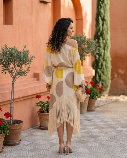 Daniela Yellow Fringe Midi Dress