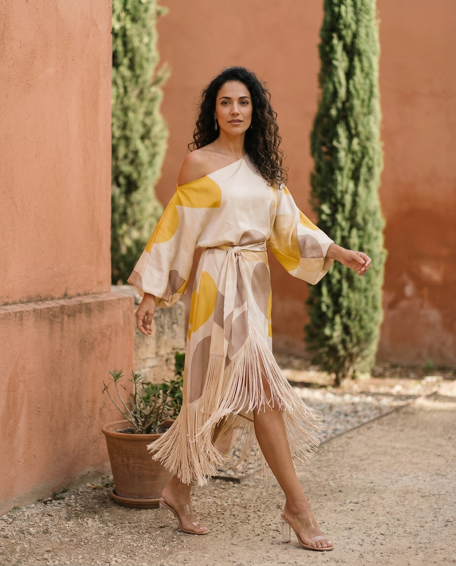 Daniela Yellow Fringe Midi Dress