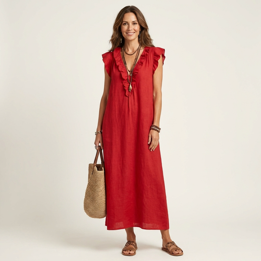 Anita Long V-Neck Ruffle Dress