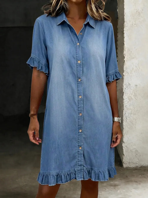 Delphine | Casual Denim Ruffle-Sleeve Button Dress
