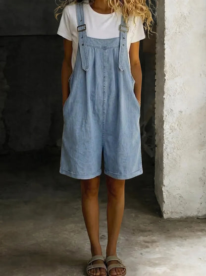 Rowena | Vintage Washed Short Denim Jumpsuit with Adjustable Straps