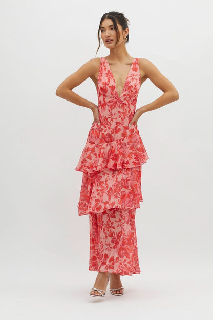 Eva Tiered Ruffle Flowy Midi Dress