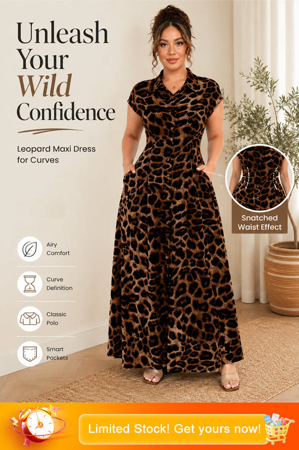 Women's Elegant Leopard Print Lapel Dress - Front View