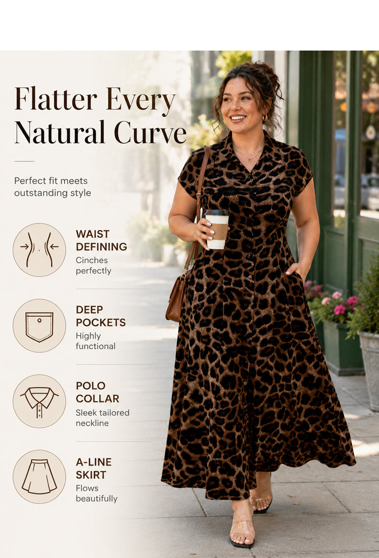 Women's Elegant Leopard Print Lapel Dress - Detail