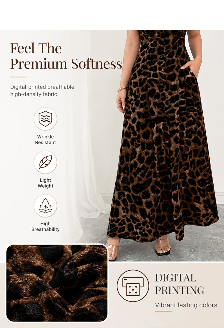 Women's Elegant Leopard Print Lapel Dress - Back View