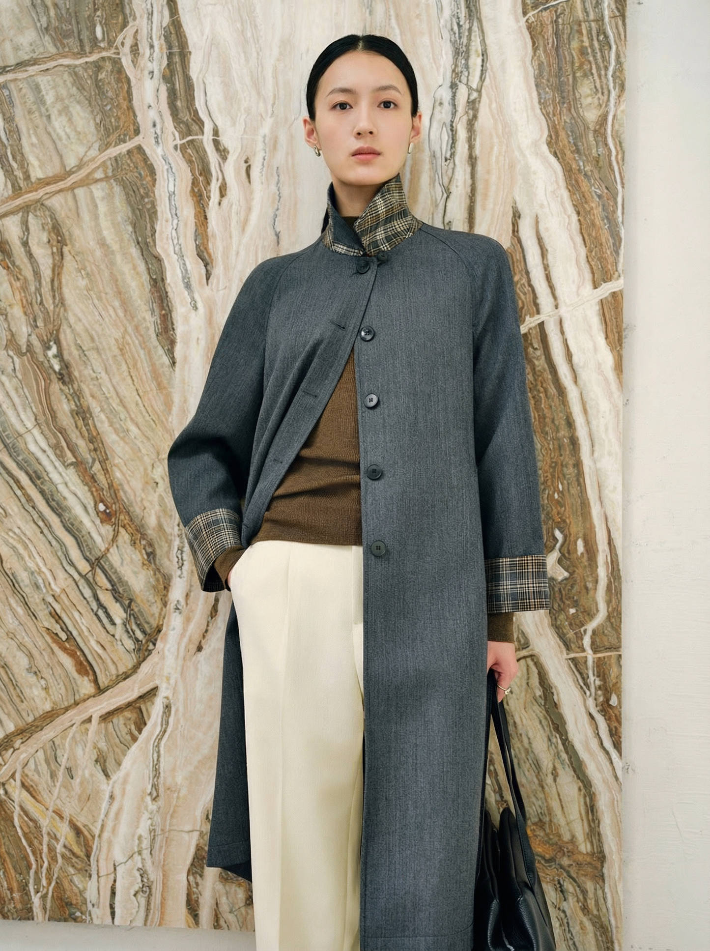 Vivienne | Merino Plaid-Cuff Long Coat | Single-Breasted Coat with Raglan Sleeves & Plaid Turn-Back Cuffs